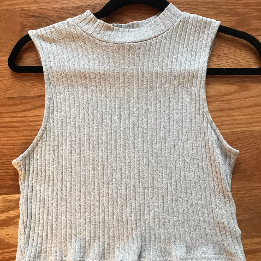Grey Ribbed Mock Neck Cropped Tank